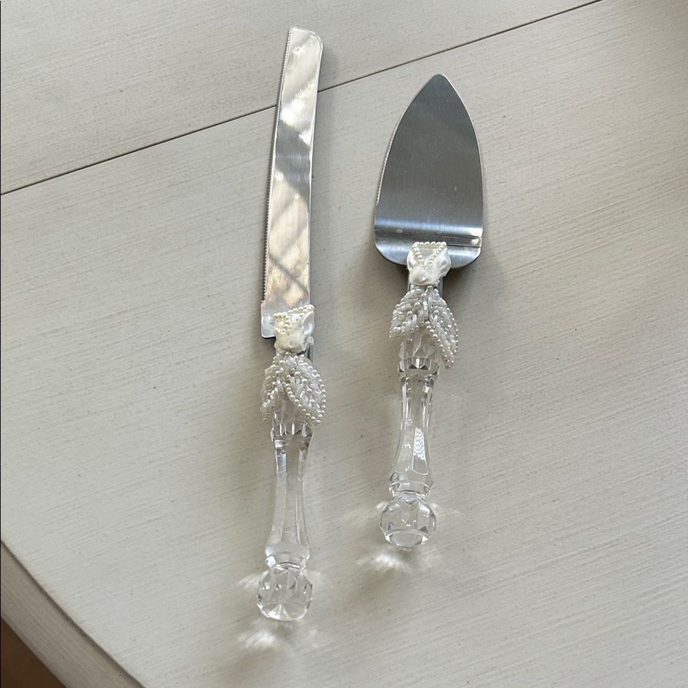Wedding Elegant White and Silver Cake Knife and Server Set